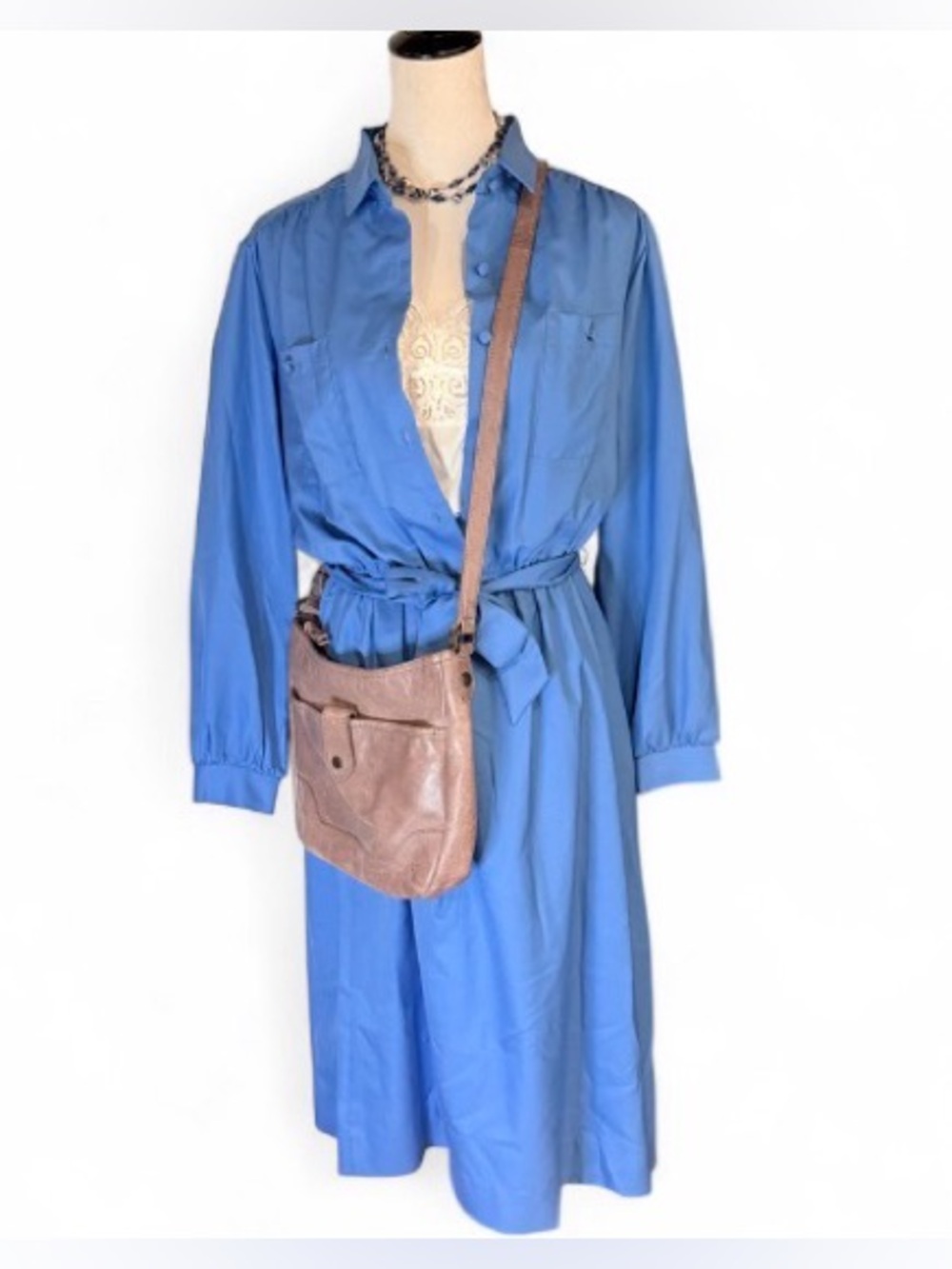 Vtg 70s Bayard Sport Blue Midi Dress Size 14 Elastic Tie Waist Made In USA